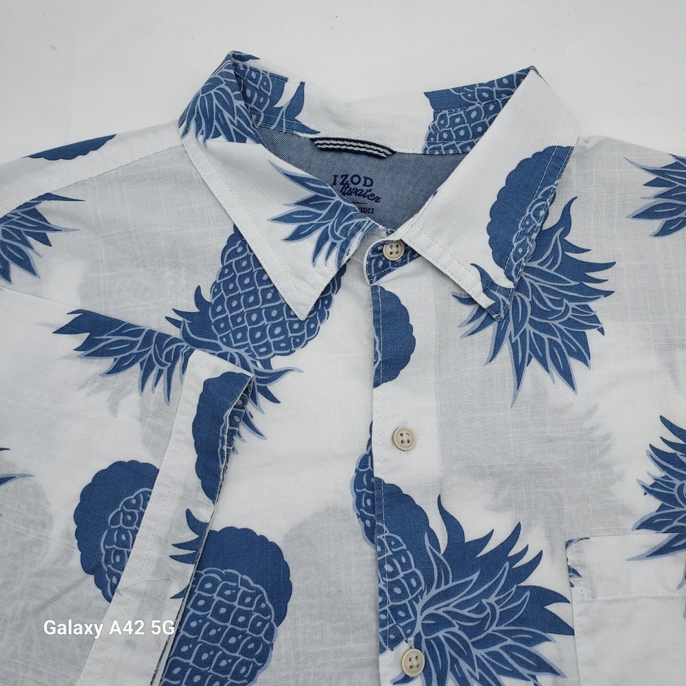 IZOD Saltwater Mens XL White Blue Pineapple Print Button Down Shirt 45PW424420